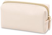 Make-up Tas - Kleine Make-up Tas voor Dames - Mini Tas - Toilettas - Reistas - Cosmetica tas - Cosmetische tas met rits - Organizer Case - Organizer - Reis opbergtas - Makeup Tassen - 16*4.5*8CM - PU Leer - Beige