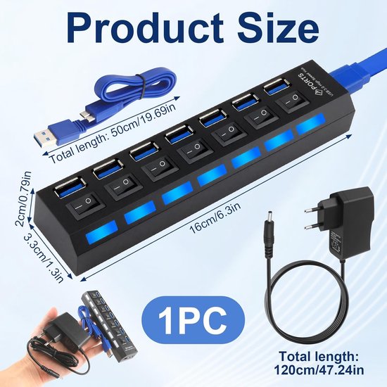 USB Hub 7 Poorten USB 3.0 & 2.0 - Dataoverdracht 5 Gbit/s - Plug & Play — afbeelding 2