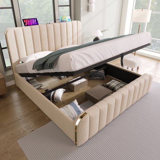 Wishdor – Tweepersoons opbergbed 140x200 cm – Hydraulisch & USB-C – Inclusief 7-zones matras – Linnen – Beige – Jouw romantische suite met verborgen luxe