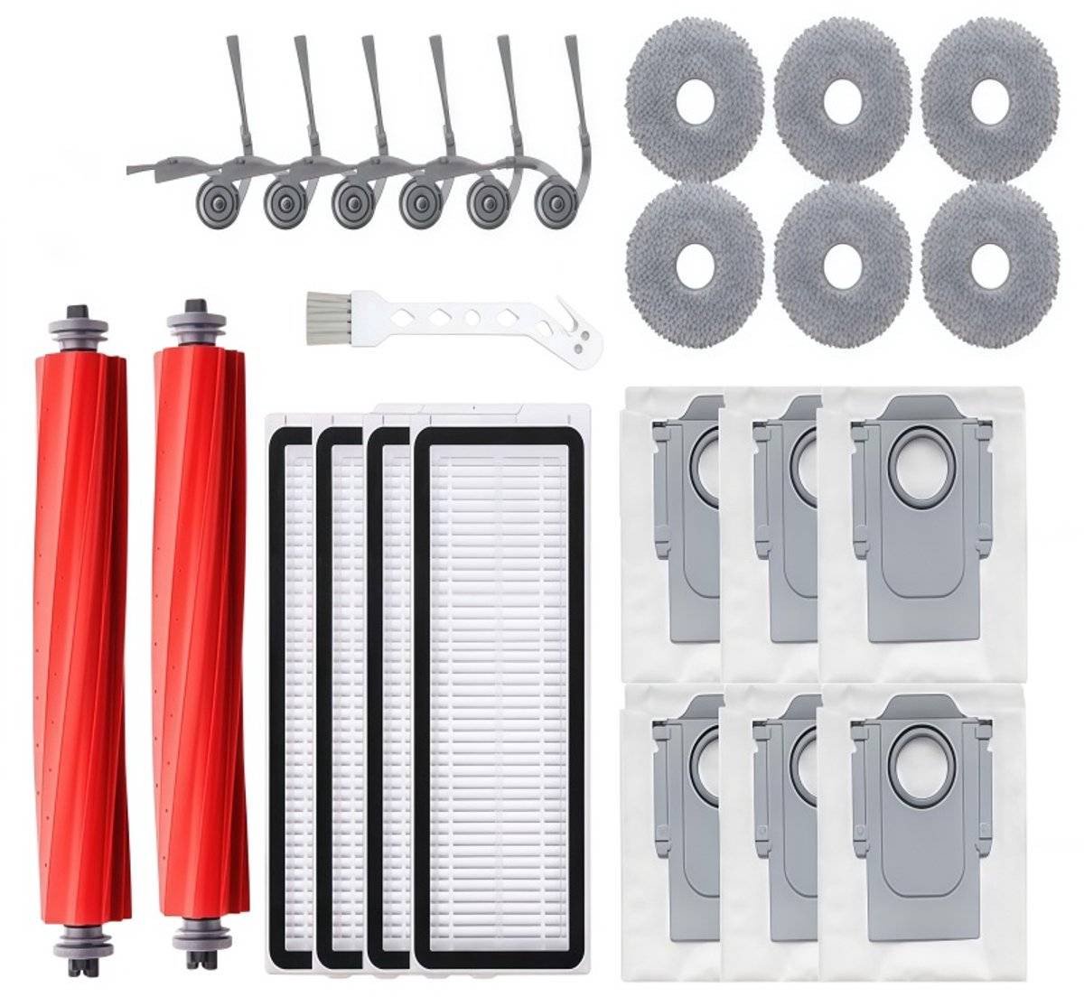 Accessoiresset - 25-delige - Geschikt voor Roborock QV 35A/QV 35S/Q Revo L Robotstofzuiger - 2 Hoofdborstel, 6 Zijborstels, 4 HEPA-filters, 6 Dweilpads, 6 Stofzakken, 1 Reinigingsborstel