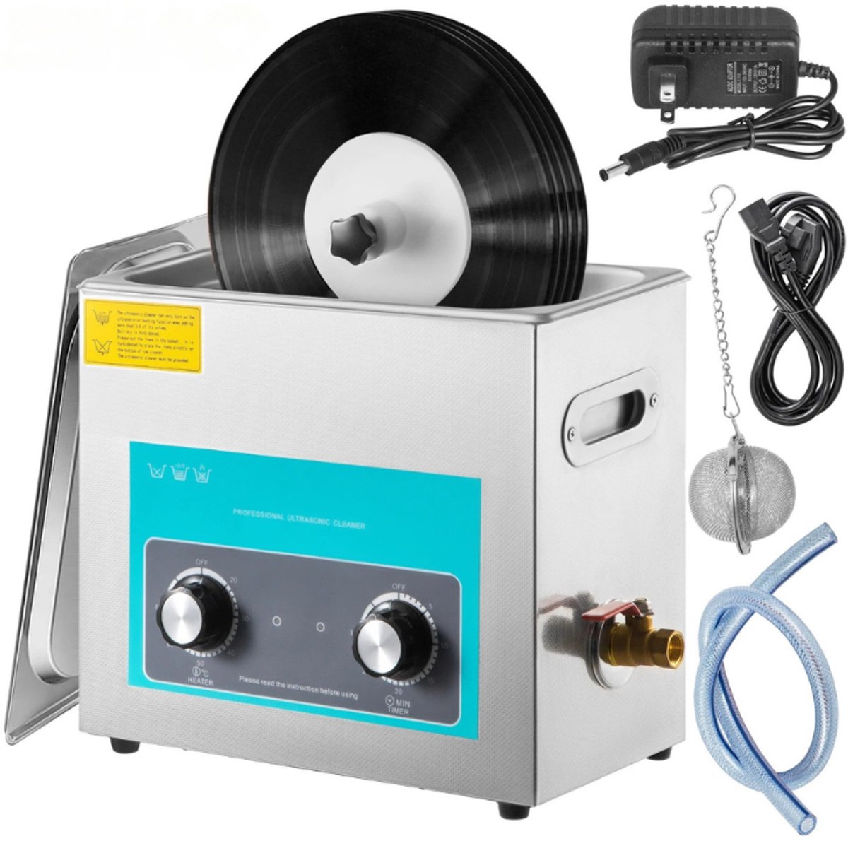 DIMICO - Platenreiniger - Vinyl reiniger 40 kHz - LP cleaner ultrasoon - 6L - 4 platen tegelijk roterend - Verwarming en timer