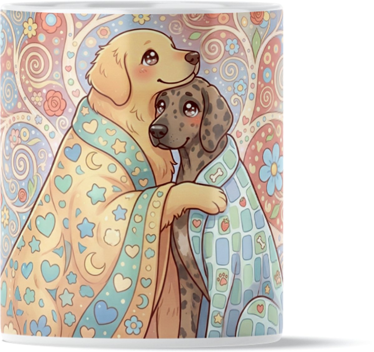 Kawaii Series Koffiemok met Knuffelende Honden in Dekentje - Schattige Dieren Theemok met Bloemen - Vrolijke Beker voor op Kantoor of Werkplek - Uniek Cadeau voor Hondenliefhebber - Origineel voor haar: Vrouw, Vriendin of Collega