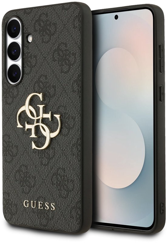 Coque de téléphone Guess grise avec motif logo G intégral et logo métal 4G doré, vue de côté.