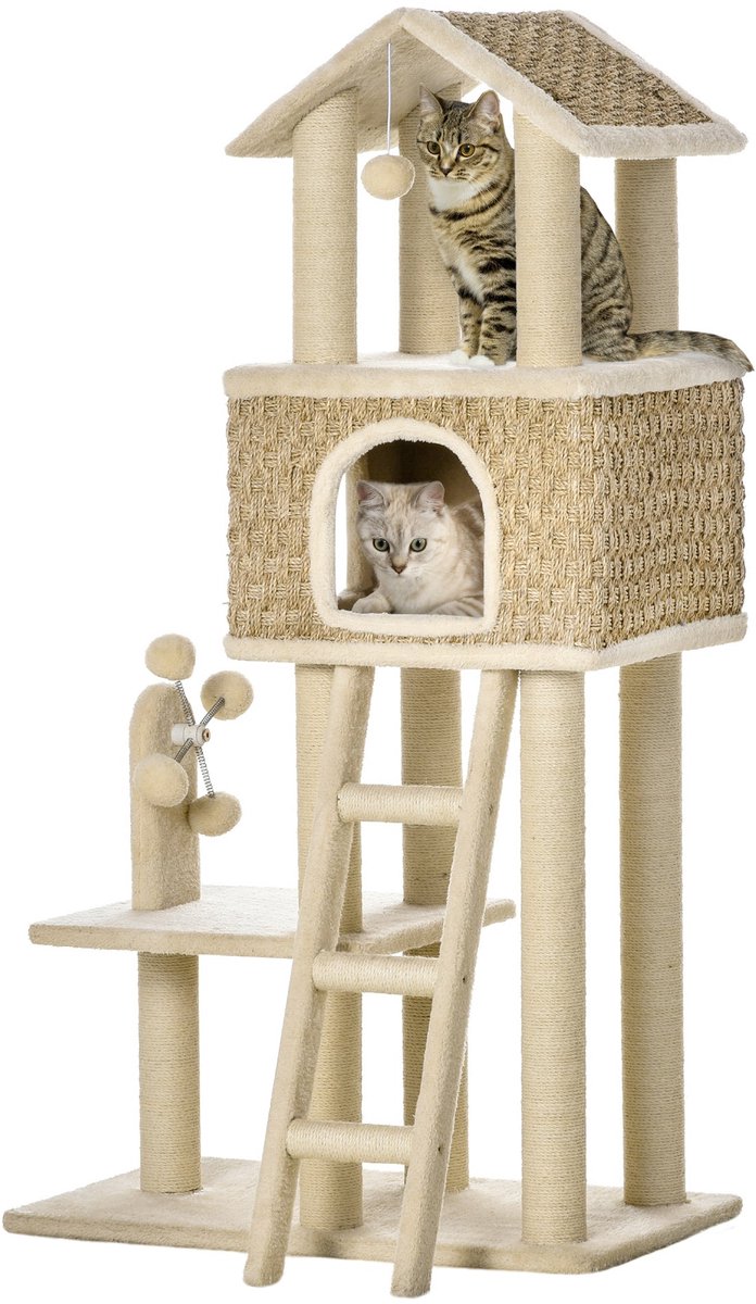 Merax Grote Krabpaal 131 cm met Kattenhuis & Speelballetjes – Katten Krabboom met Sisal Krabpalen - Ladder en Ligplateaus – Pluche Bekleding – Khaki/Beige
