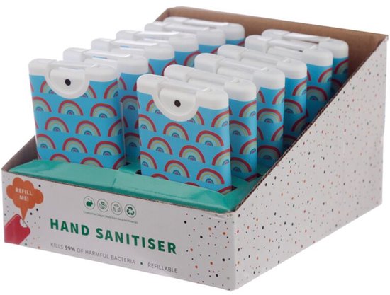 Display met 24 navulbare handdesinfecterende sprays van 15 ml, elk met een blauwe achtergrond en regenboogpatroon. De doos bevat ook productinformatie.