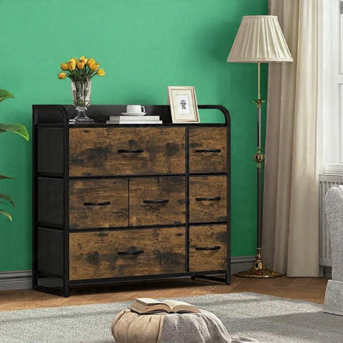 Livorno Opbergcommode met 7 Stoffen Lades – Industriële Ladekast met Metaal Frame en Houten Blad – Slaapkamer, Hal & Woonkamer – 80x29x79 cm – Rustiek Bruin Casa Serena