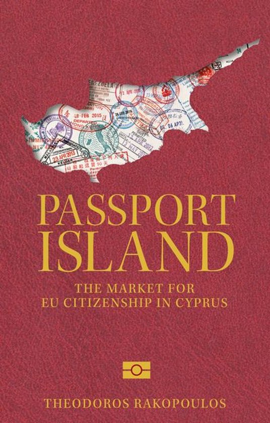 Boekomslag van 'Passport Island'. De vorm van Cyprus is gevuld met stempels van paspoorten en bevindt zich boven de titel 'PASSPORT ISLAND'.