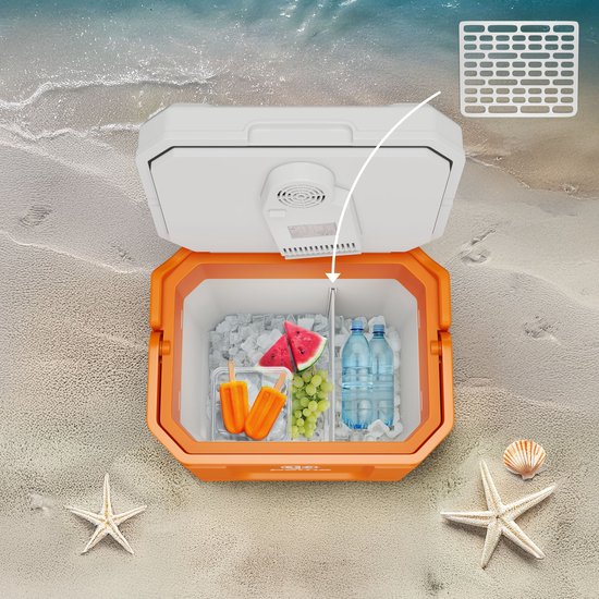 Peme Trip Sunset Orange - Elektrische Koelbox met Bluetooth Speaker - 31,5L - Koelen en Verwarmen - 12V/24V/230V - Auto & Camping Koelkast - USB-poort - ECO-modus - Fluisterstil 26dB - Verwijderbaar Rooster van Merkloos — afbeelding 2