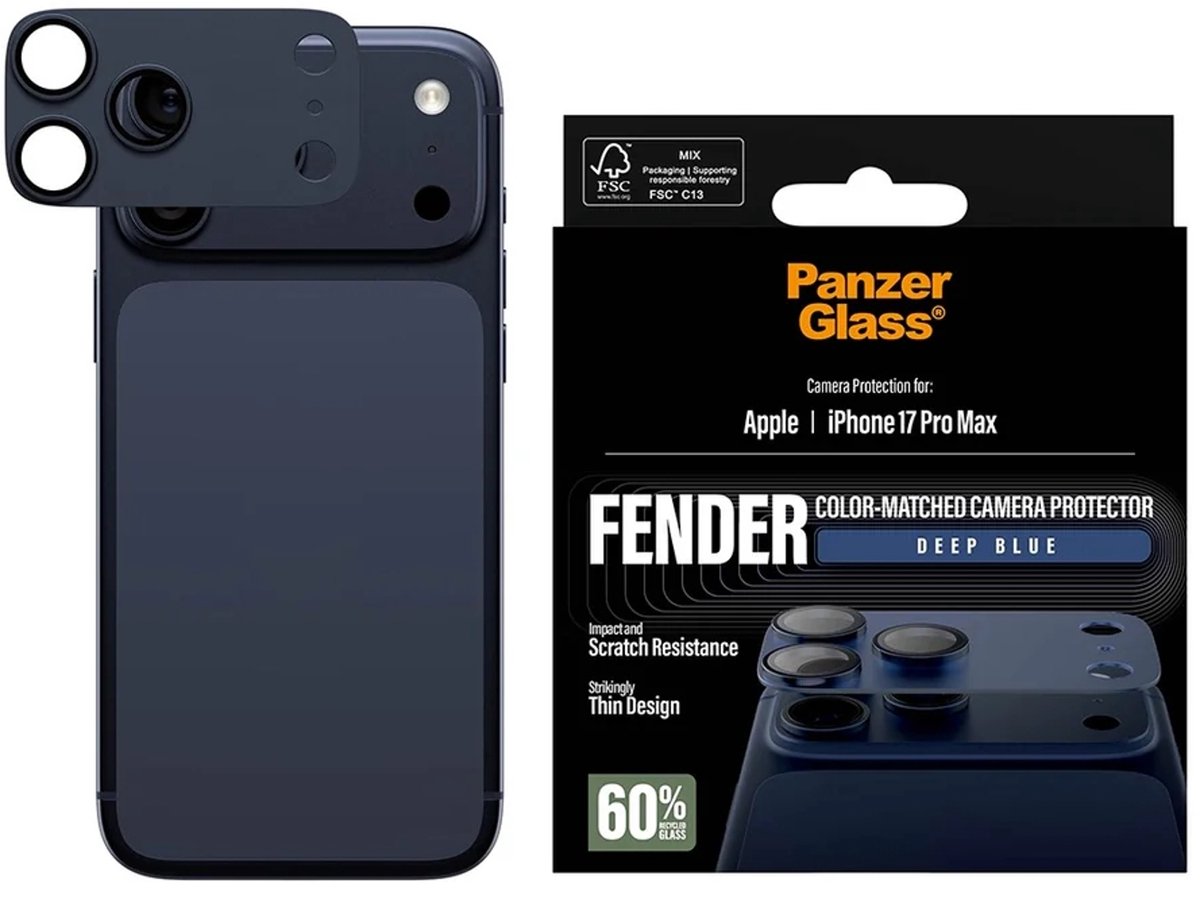 PanzerGlass Screenprotector geschikt voor Apple iPhone 17 Pro Max Aluminum | PanzerGlass FENDER Camera Protector - Case Friendly - Deep Blue
