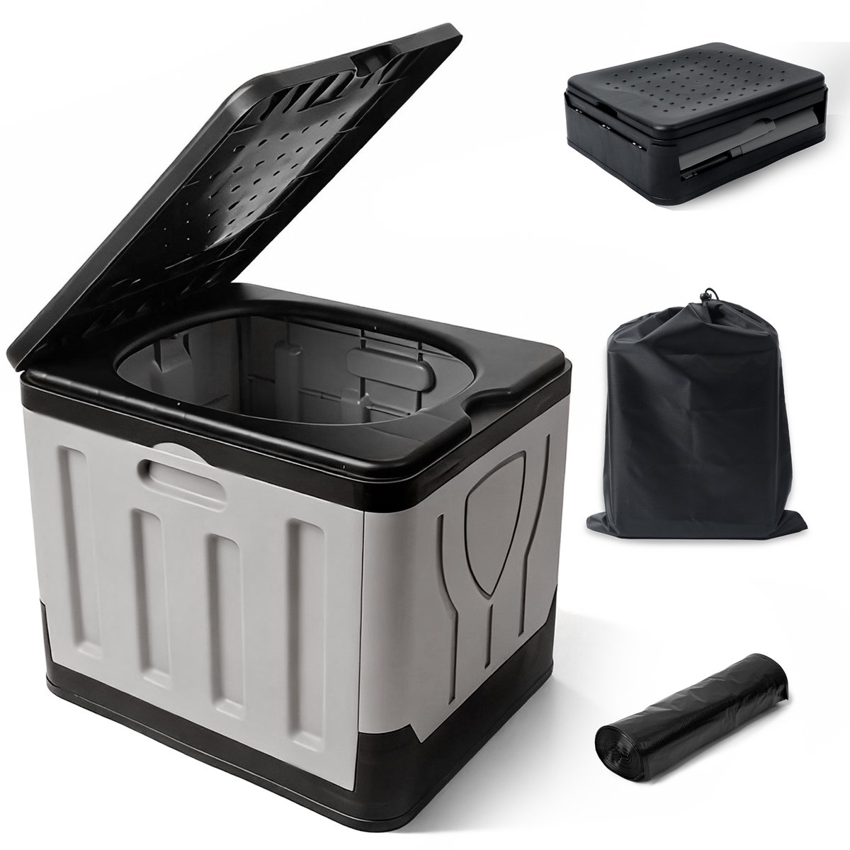 Soontrans - Draagbaar Toilet - Camping Toilet met Deksel - Toiletemmer Rechthoekig - Campingtoilet Ideaal voor Kamperen, Festivals & Outdoor - Zwart grijs