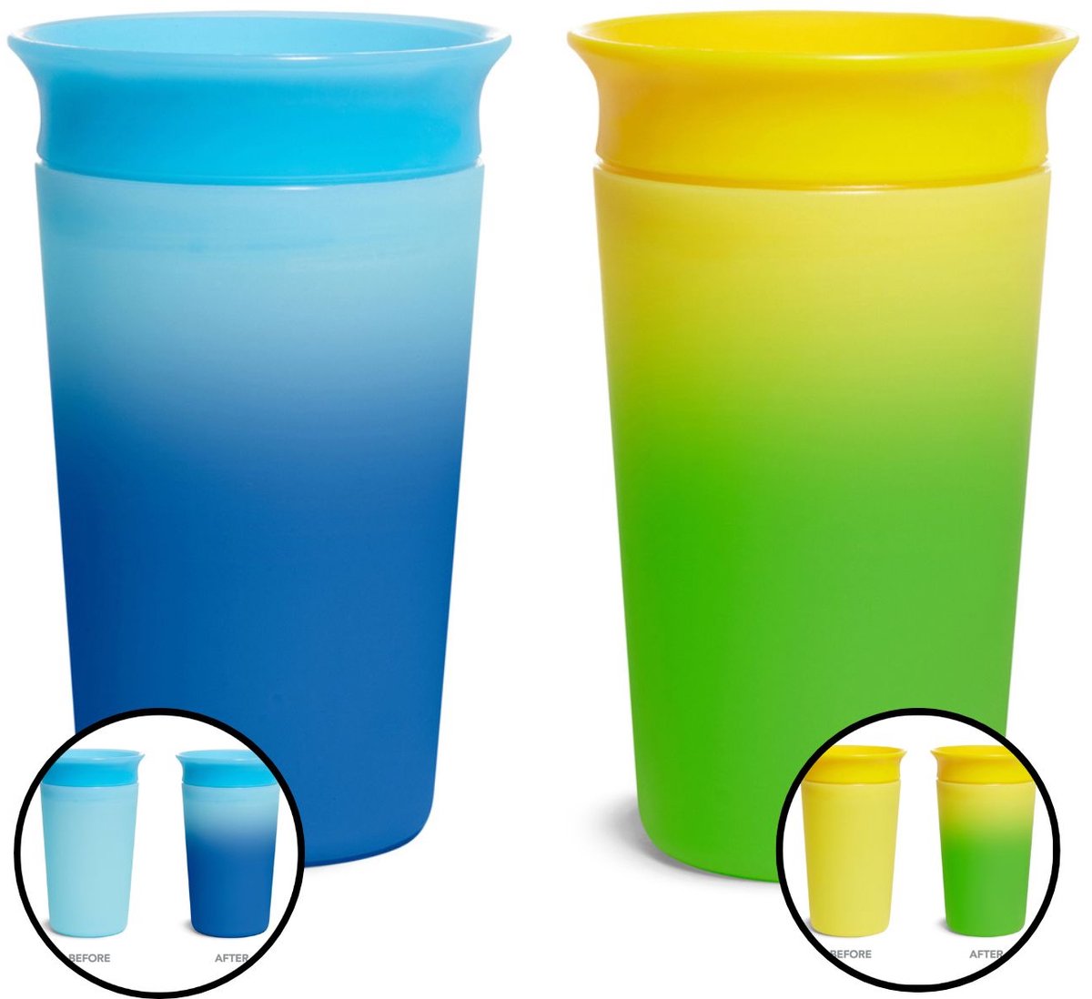 Munchkin miracle anti-lek 360° drinkbeker - 2pk sippy cup - veranderd van kleur - warmtegevoelig - oefenbeker voor baby en kind - 266ml - 2 stuks - blauw/geel