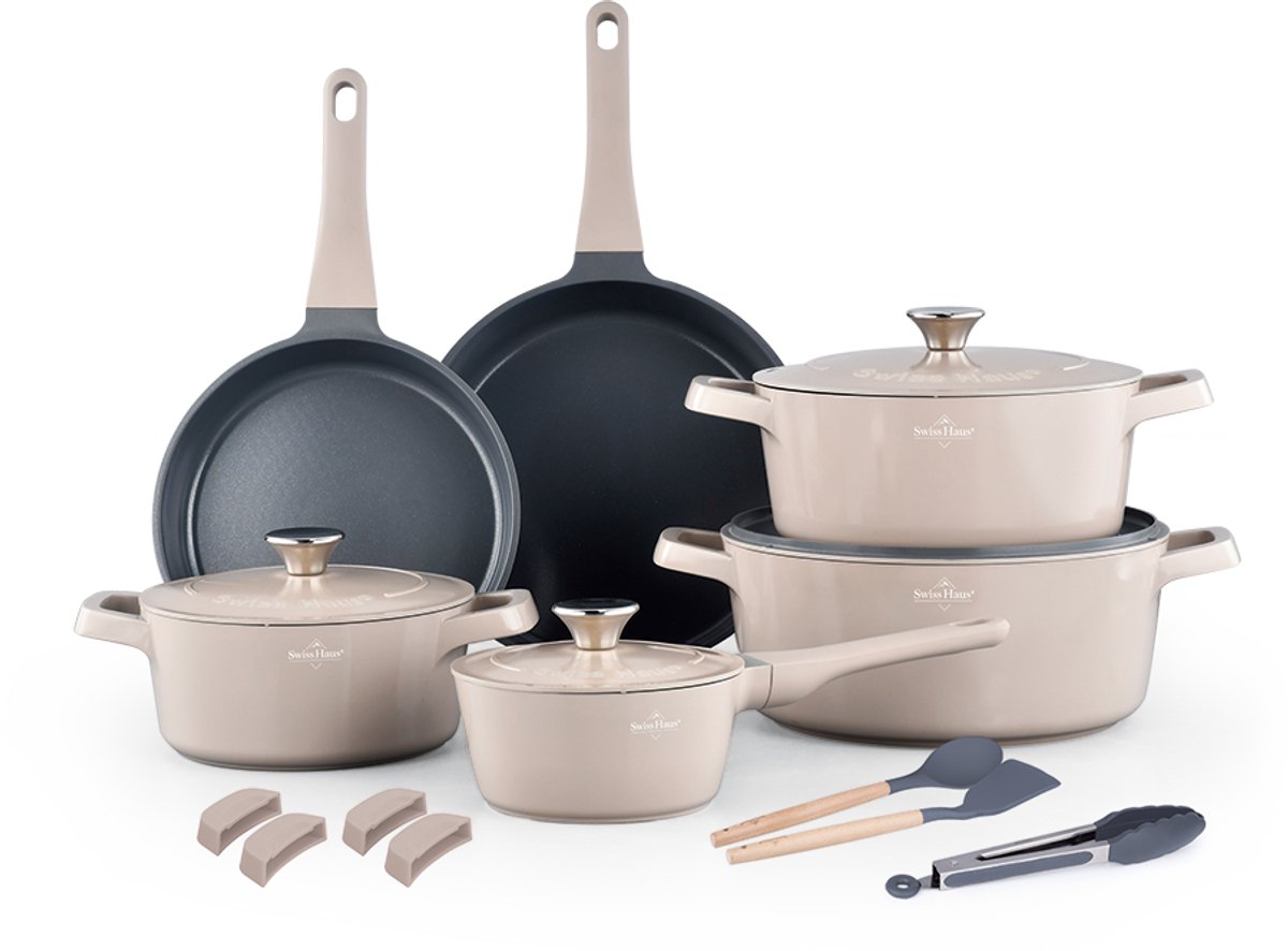 Swiss Haus ZL3017BE Pannenset Inductie - 17 Delige Pannensets - PFAS Vrij - Set Met Koekenpannen, Kookpotten & Steelpan - Pannen Voor Alle Warmtebronnen - Pan met Sapphire Antiaanbaklaag - Beige