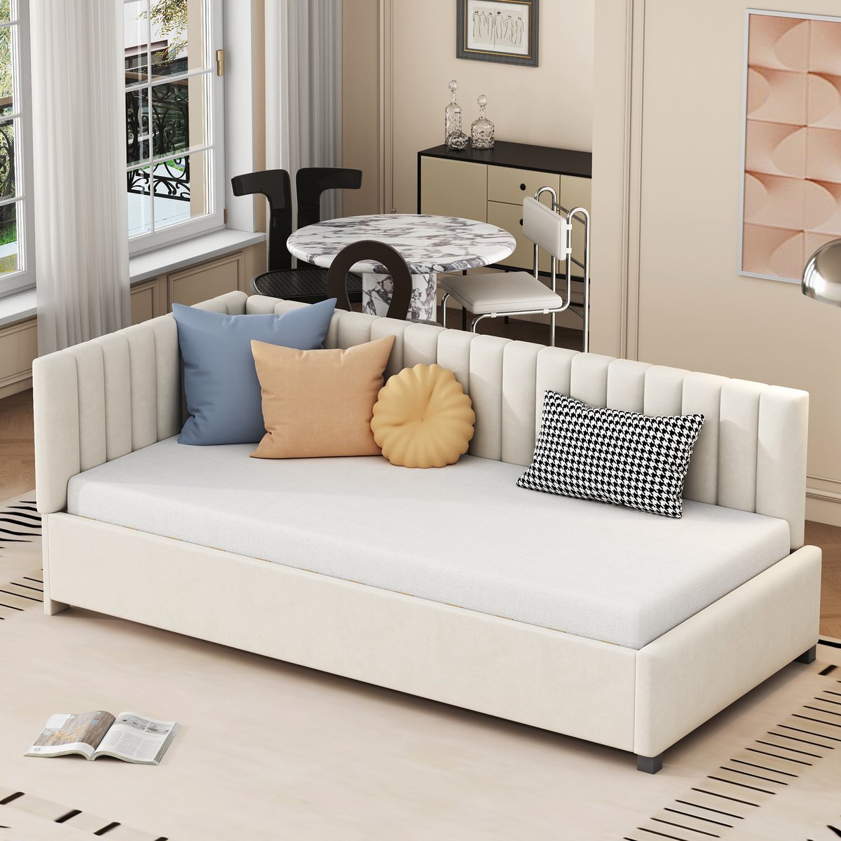 HAUSS SPOLE Gestoffeerd Slaapbank 90x200 cm - Met Lattenbodem - Links Rechts Verwisselbare Rugleuning - Zonder Matras - Fluweel - Beige