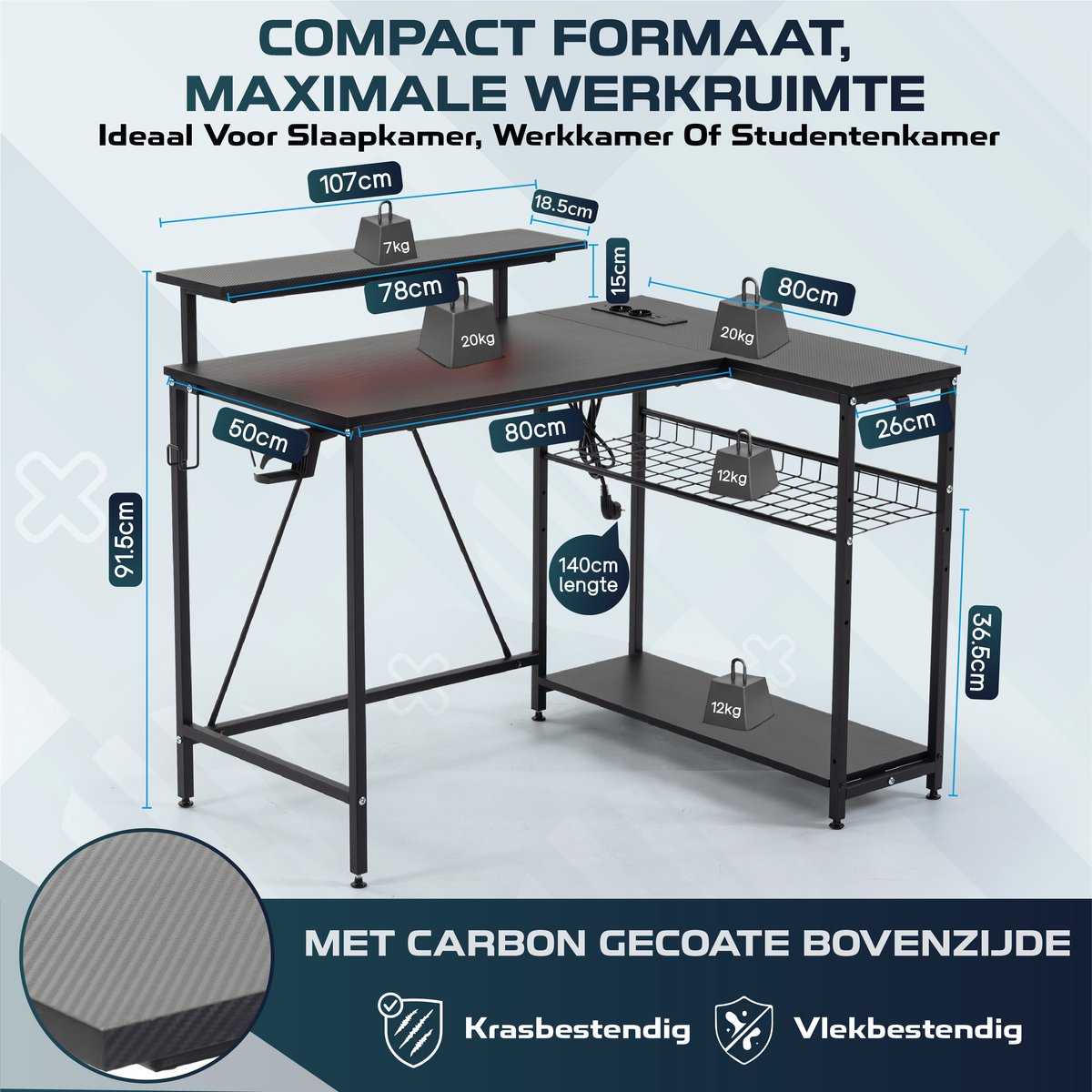ADSafety L-Vormig Hoekbureau - 107x80x76 cm - Game Bureau met LED verlichting - Zwart Carbon - Gaming Bureau - Bureautafel - Computertafel thumbnail 2