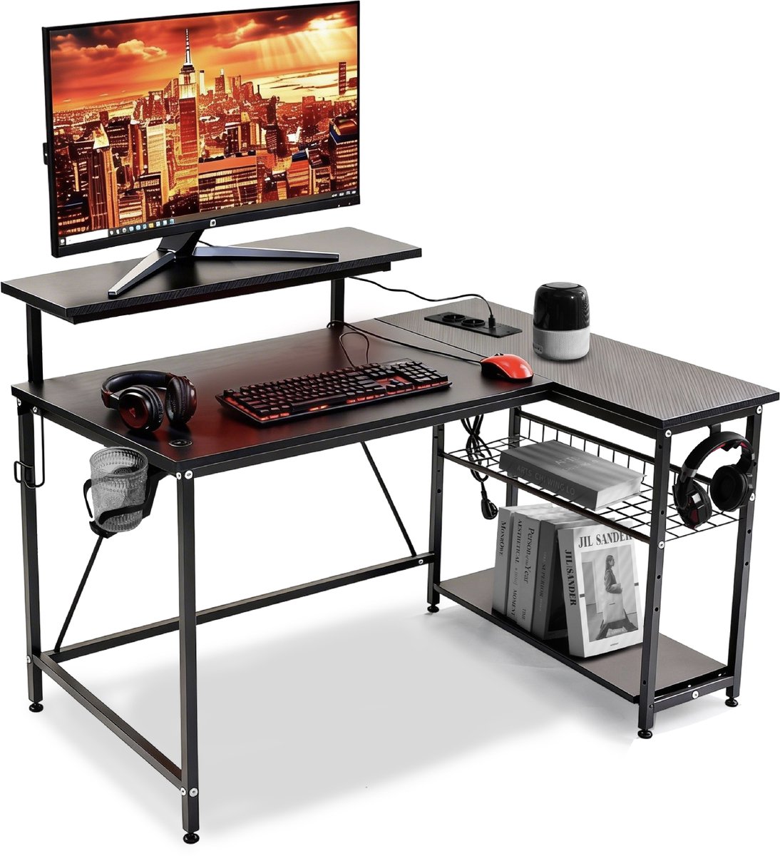 ADSafety L-Vormig Hoekbureau - 107x80x76 cm - Game Bureau met LED verlichting - Zwart Carbon - Gaming Bureau - Bureautafel - Computertafel