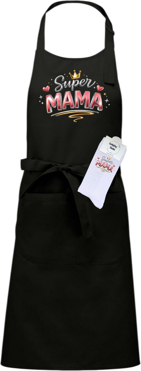 Keukenschort en sokken met tekst - Super Mama - Moederdag cadeau - Zwart - Verstelbaar - Cadeau idee - Verjaardag - Cadeau dames en heren - Jubileum - Afscheid - Verrassing - Grappig cadeau - Onesize