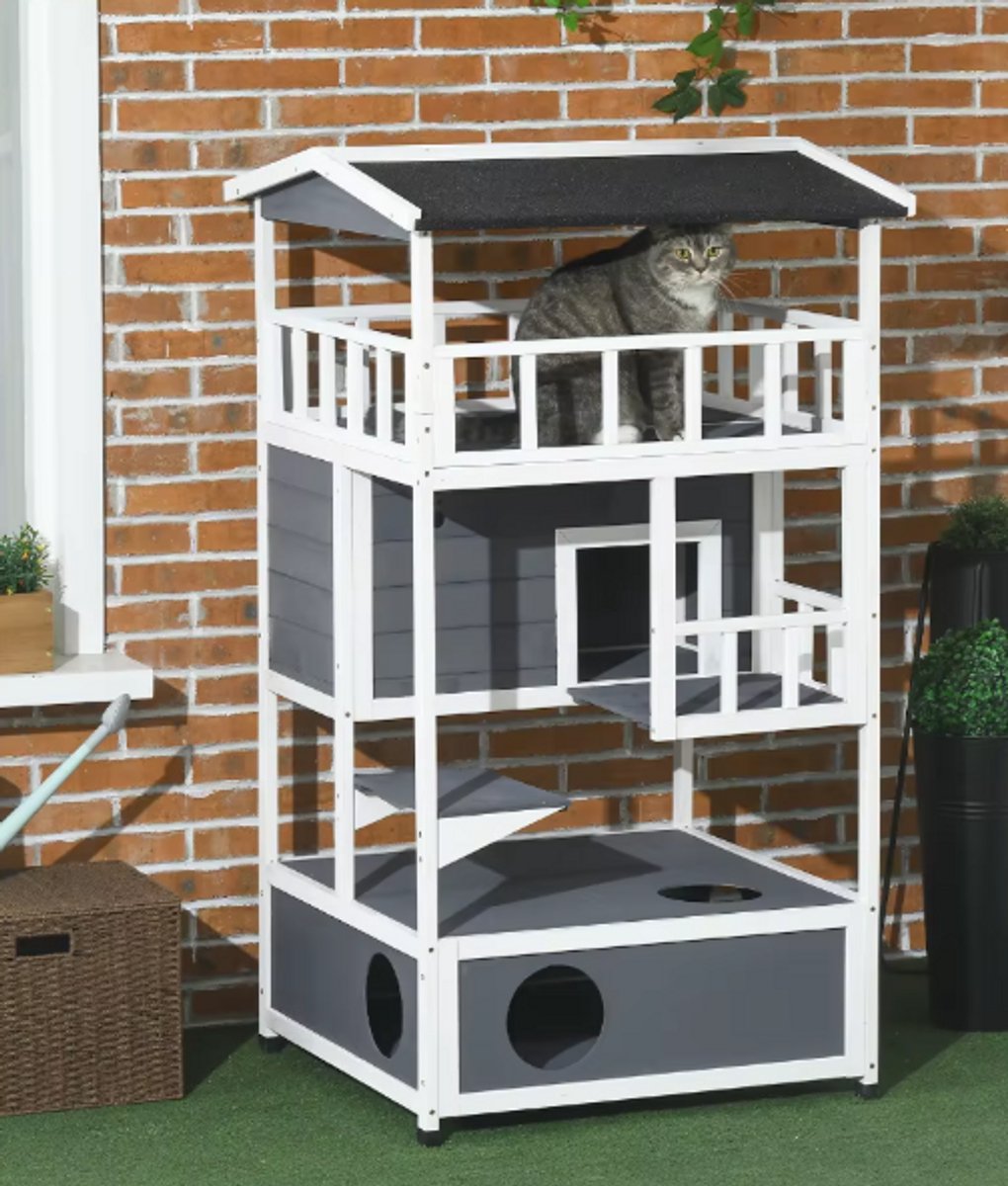 Houten Kattenhuis Binnen en Buiten – Milieuvriendelijk Dennenhout – Weerbestendig Kattenhok – Voor Katten tot 4,5 kg