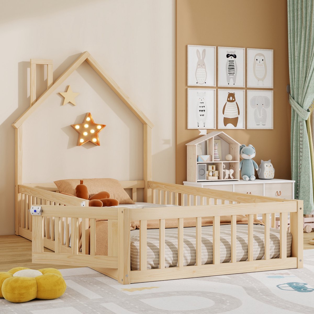 REDOM Kinderbed – Schoorsteenvorm – Met veiligheidshek & lattenbodem – Grenenhout & MDF – 