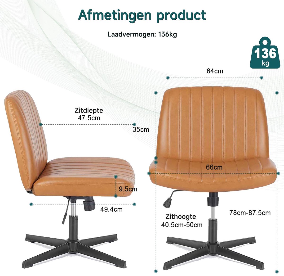 Hengjian Minimalistische Draaistoel Kunstleer Zonder Armleuningen Bruin - afbeelding 2