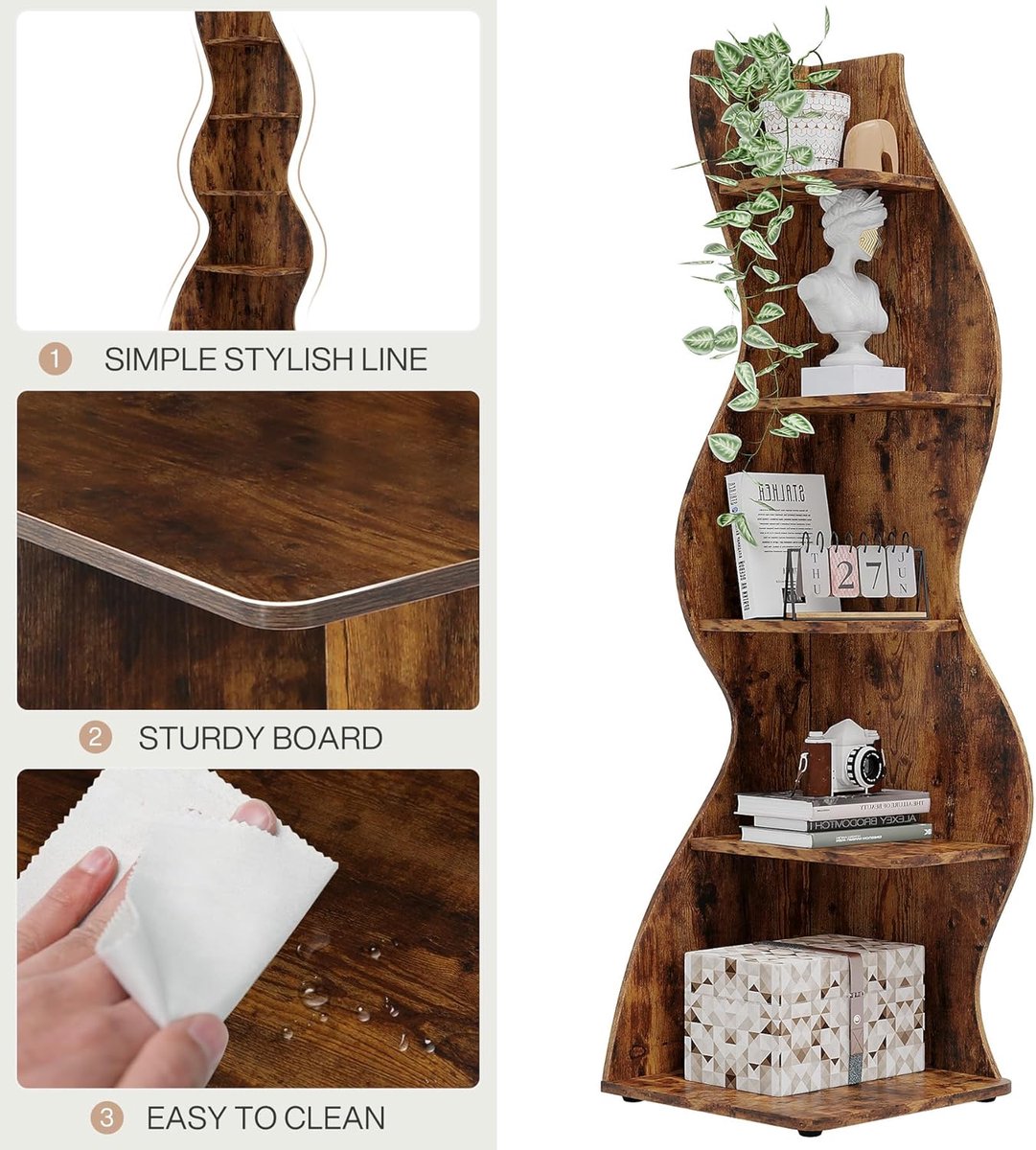Hoekboekenkast 5 Niveaus – Casa Velluto Modern Opbergrek & Boekenplank – Plantenstandaard en Organizer voor Woonkamer, Keuken en Thuiskantoor – 48 x 48 x 178 cm – Bruin, Industrieel & Rustiek Design