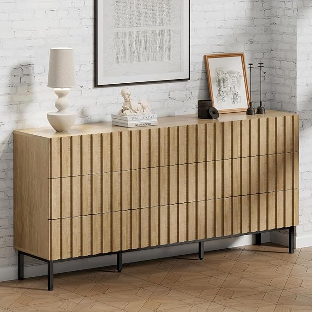 Commode 150 x 34 x 72 cm – Modern Dressoir met 9 Lades – Smalle Opbergkast / TV-Meubel / Buffetkast in Naturel Houtlook – Abkantoor
