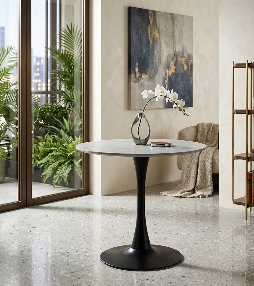 Ronde Marmerlook Bistro Eettafel 60 cm - Gesinterd Steen Tafelblad met Zwart Metalen Onderstel - Luxe & Modern Design Merk: Casa Serena – 60 cm – Casa Dorada