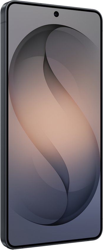 Zwarte Samsung smartphone, zijaanzicht met scherm.