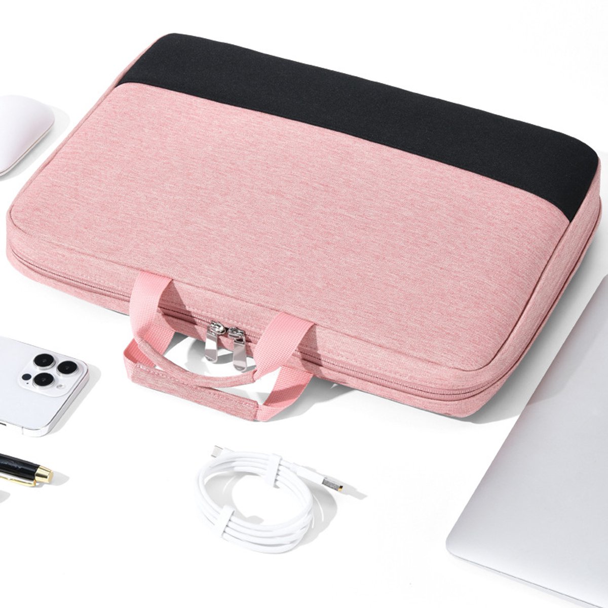 Laptoptas, Vierlaags beschermend ontwerp, met een extra groot meshvak aan de binnenkant, geschikt voor de meeste laptopformaten, waterdichte laptoptas, roze, 14 inch.