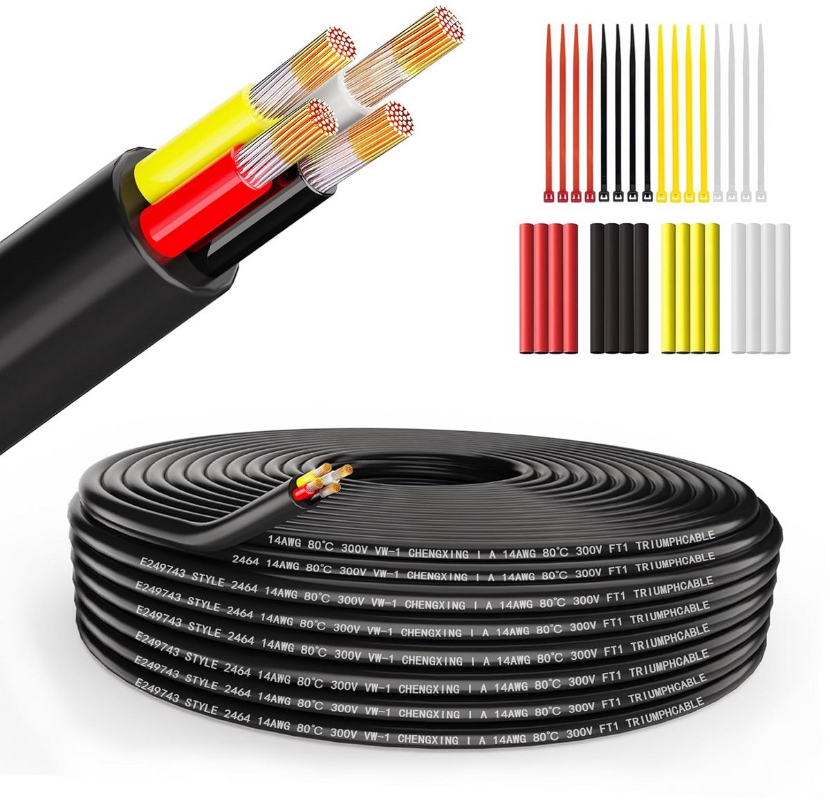 4-aderige Stroomkabel 14AWG (4x2mm²) - Vertind Koper - Laagspanning PVC Kabel 3 Meter