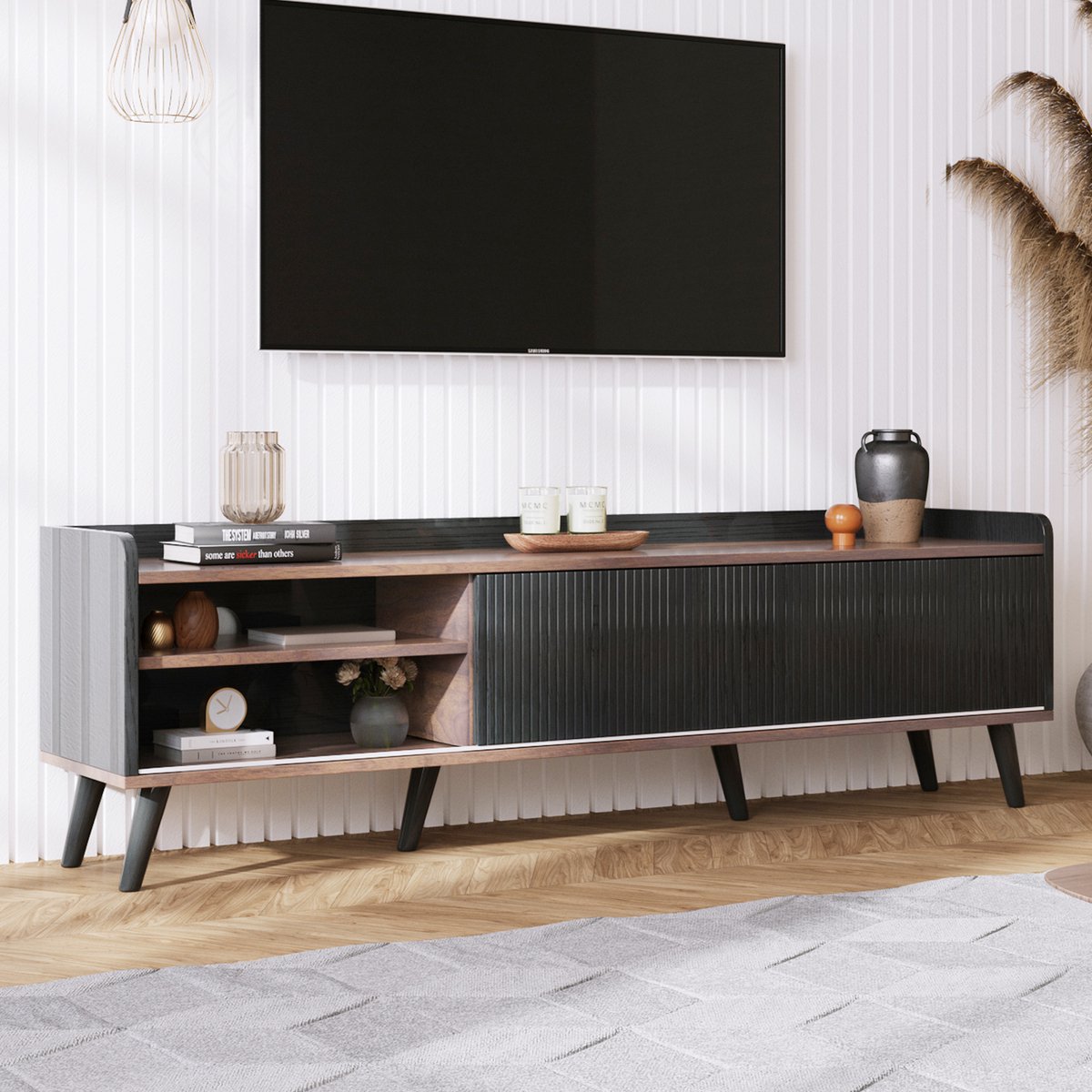 HAUSS SPOLE Tv Meubel - Gestreepte Schuifdeuren En 2 Laden - Opbergruimte Voor Woonkamer - Spaanplaat - Zwart Hout - 160x40x58 cm