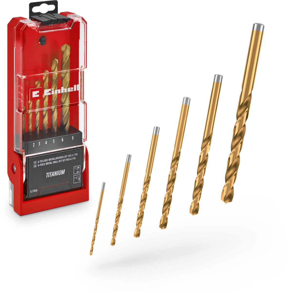 Einhell 6-delige HSS-G titanium metaalboor set (volledig geslepen HSS 4341 staal, titanium gecoat, 135° split-point punt, gefreesde type N spiraal, ronde schacht)