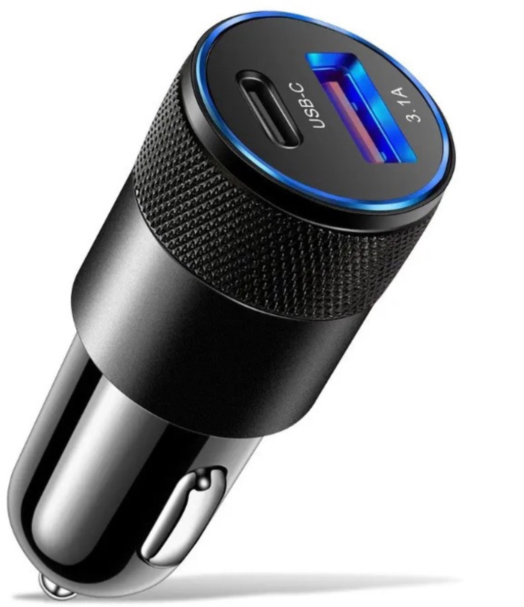 Autolader Dual USB-C & USB-A 3.1 Snellader – Universele Auto Adapter – Zwart