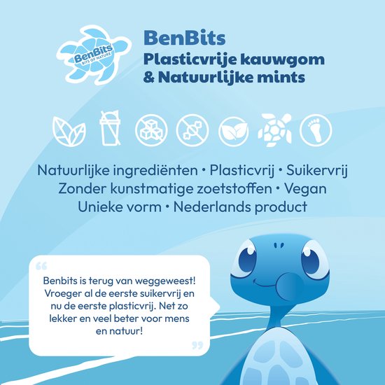 Blauwe illustratie van een schildpad met tekst over BenBits plasticvrije kauwgom en natuurlijke mints.