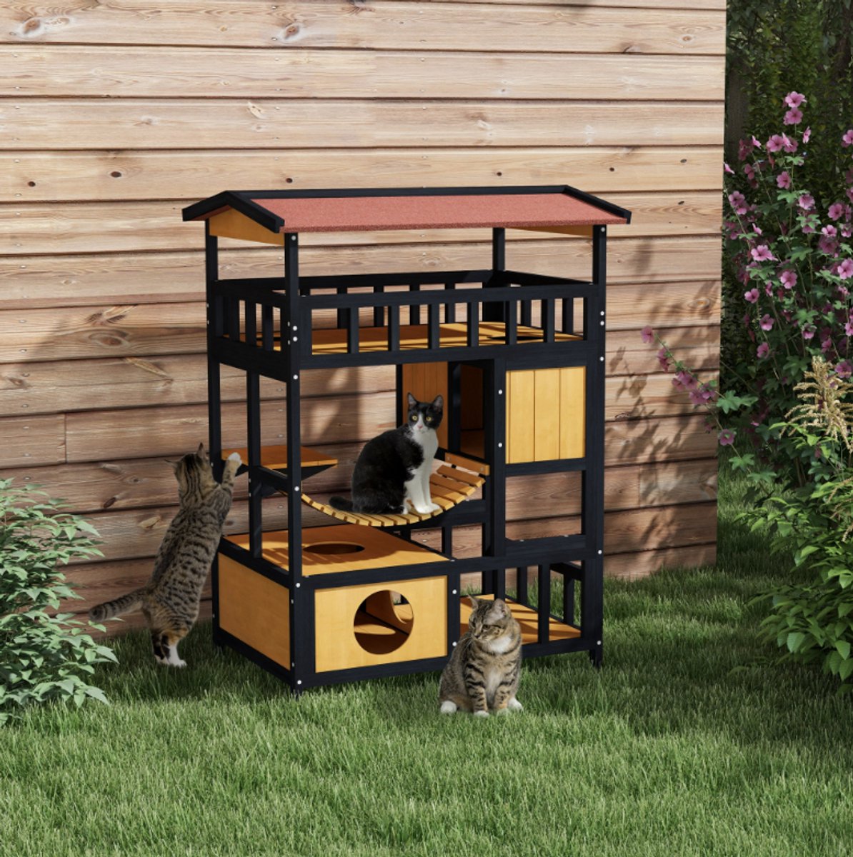 Buitenkattenhuis 4 Niveaus – Grenenhouten Kattenverblijf met Schuilplaatsen, Springplatform, Hangbrug en Balkonzitplaatsen – Weerbestendig voor 2 Katten