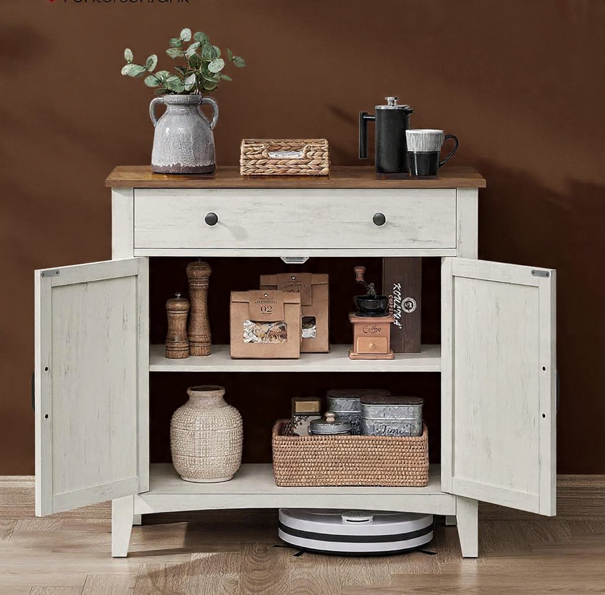 Bellavista Buffetkast met Lade en Deuren – Landelijke Keukenkast & Dressoir – Verstelbare Plank – 80x40x80 cm – Vintage Wit Honingbruin Casa Serena – Casa Dorada