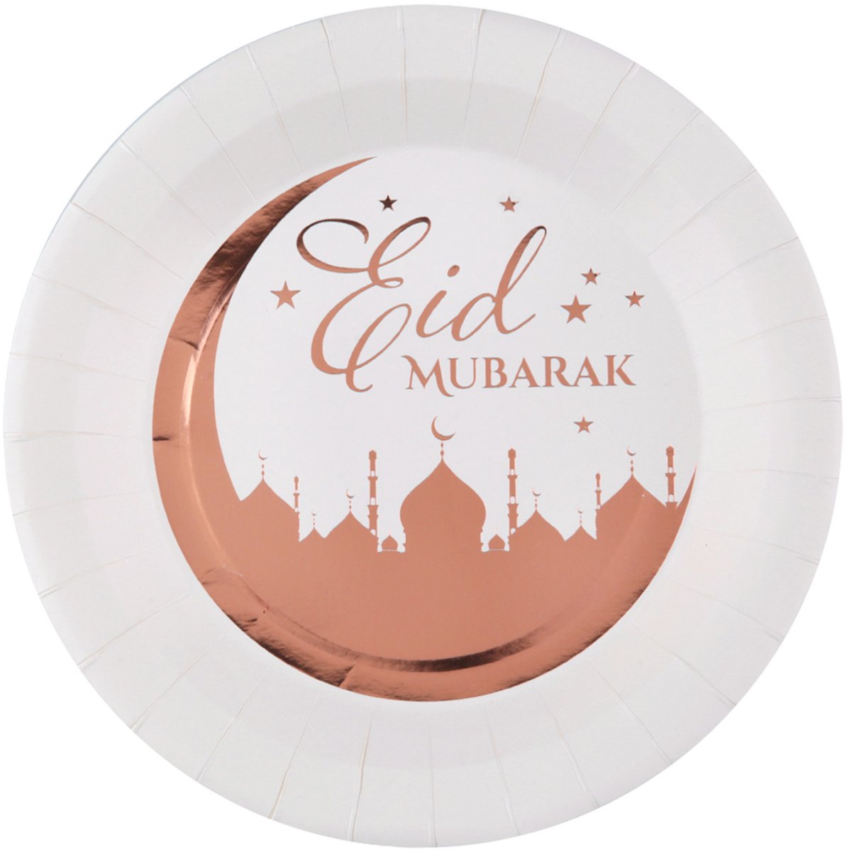 Ramadan feest bordjes - 10x - karton - 22 cm - wit/rose goud - rond - Eid Mubarak