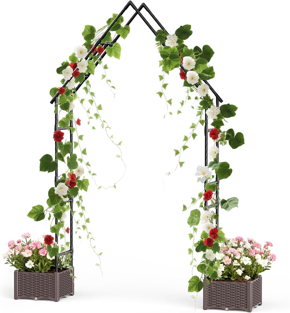 Tuinboog met 2 Plantenbakken - Rozenboog Metaal - 241 cm Hoog - Weerbestendige Klimhulp voor Klimplanten - Zwart