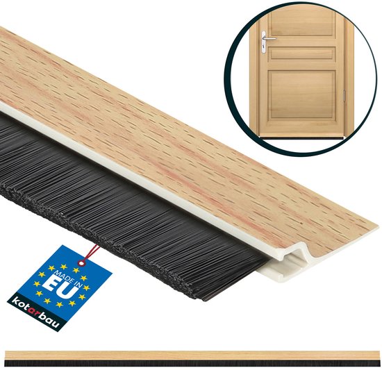 Tochtstrip met Eikenhout-look en zwarte borstel, met EU-label.