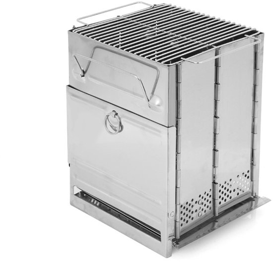 Opvouwbare houtkachel - Campingkachel - Barbecue - Roestvrijstalen grillrooster - 14*14*21 cm - Hittebestendig - Lichtgewicht en draagbaar - Geschikt voor wandelen, kamperen, picknicks en barbecues - Zilver