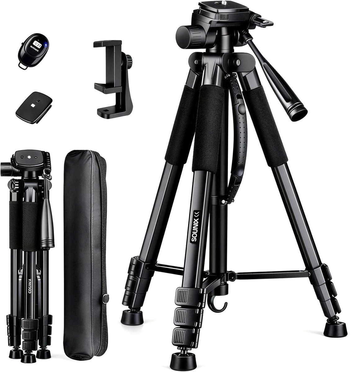 Sounix Camerastatief & Telefoonstatief - 188 cm -Incl. Bluetooth Afstandsbediening - Aluminium - Zwart