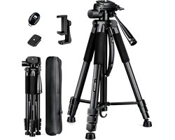 Sounix Camera Tripod - Trépied pour appareil photo et téléphone - Trépied photo en aluminium adapté aux reflex numériques Canon Nikon Sony - Zwart