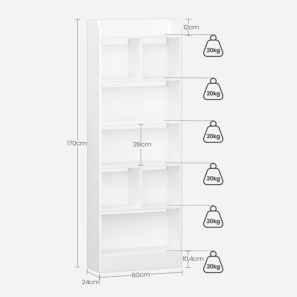 Boekenkast met 6 Lagen – Casa Velluto Moderna 170 cm Hoge Opbergkast met 8 Vakken – Vrijstaande Boekenplank voor Woonkamer, Thuiskantoor en Slaapkamer – 24 x 60 x 170 cm – Wit