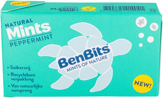 Groen BenBits pakje met 'Pepermunt' erop, met een witte schildpad en 'NEW!' icoon.