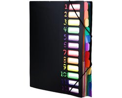 Documentenmap - Bestandsorganizer - Sorteermap - Vakkenmap - Accordeon map - Projectmap - Archiefmap - Werkmap - met 12 gekleurde vakken - voor kantoor, school en thuis - 32*25.5 cm - zwart