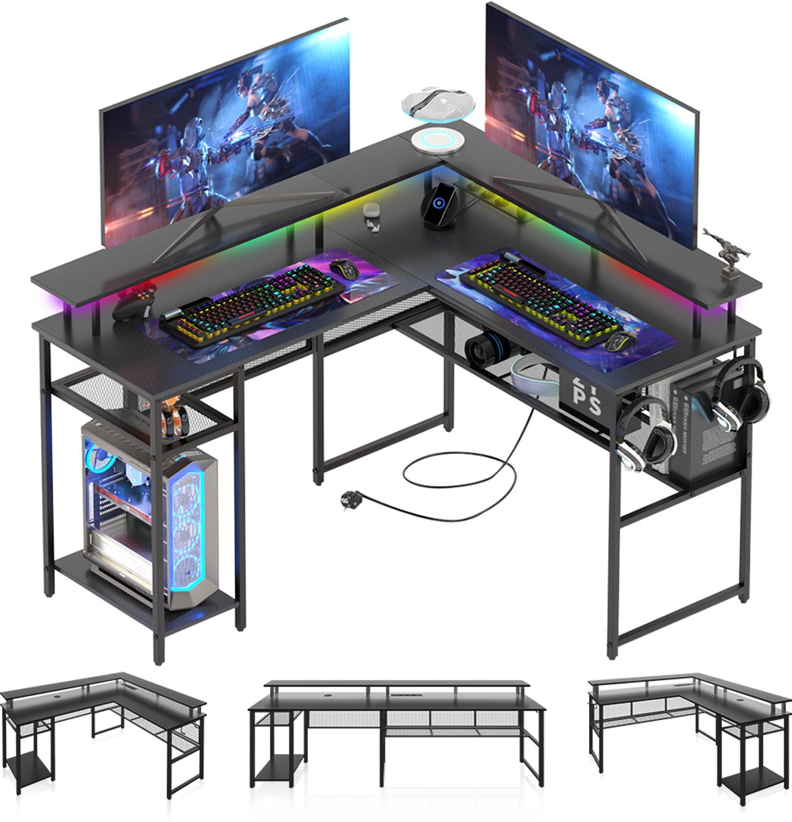 Gaming Bureau met LED Verlichting - 136x118x88 cm - L-Vormig Hoekbureau met Stopcontact - Stopcontact - Gaming Desk - Computer Tafel - Gaming Tafel - Zwart Bureau voor Gamen, Studeren en Werken