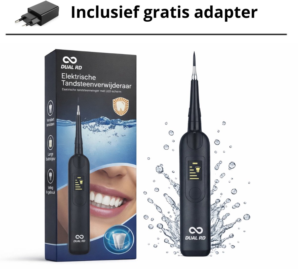 Dual RD Tandsteenverwijderaar Elektrisch – Tandsteenverwijderaar - Ultrasone Tandenreiniger met LED – Tandplak Verwijderaar voor Thuisgebruik – Oplaadbaar- Gratis Adapter