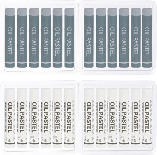 Twee sets grijze en witte oliepastels, elk 12 stuks in een doorzichtige verpakking.