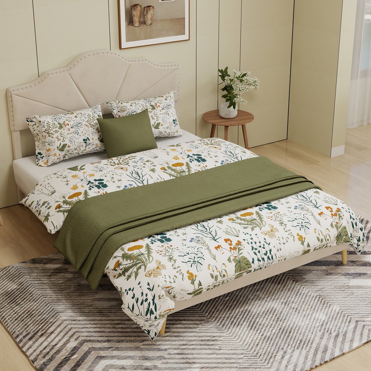 HAUSS SPOLE Gestoffeerd Bed 160x200 cm - Geometrisch Hoofdbord Met Siernagels - Stabiel Lattenframe Zonder Opbergruimte - Zonder Matras - Stof Beige