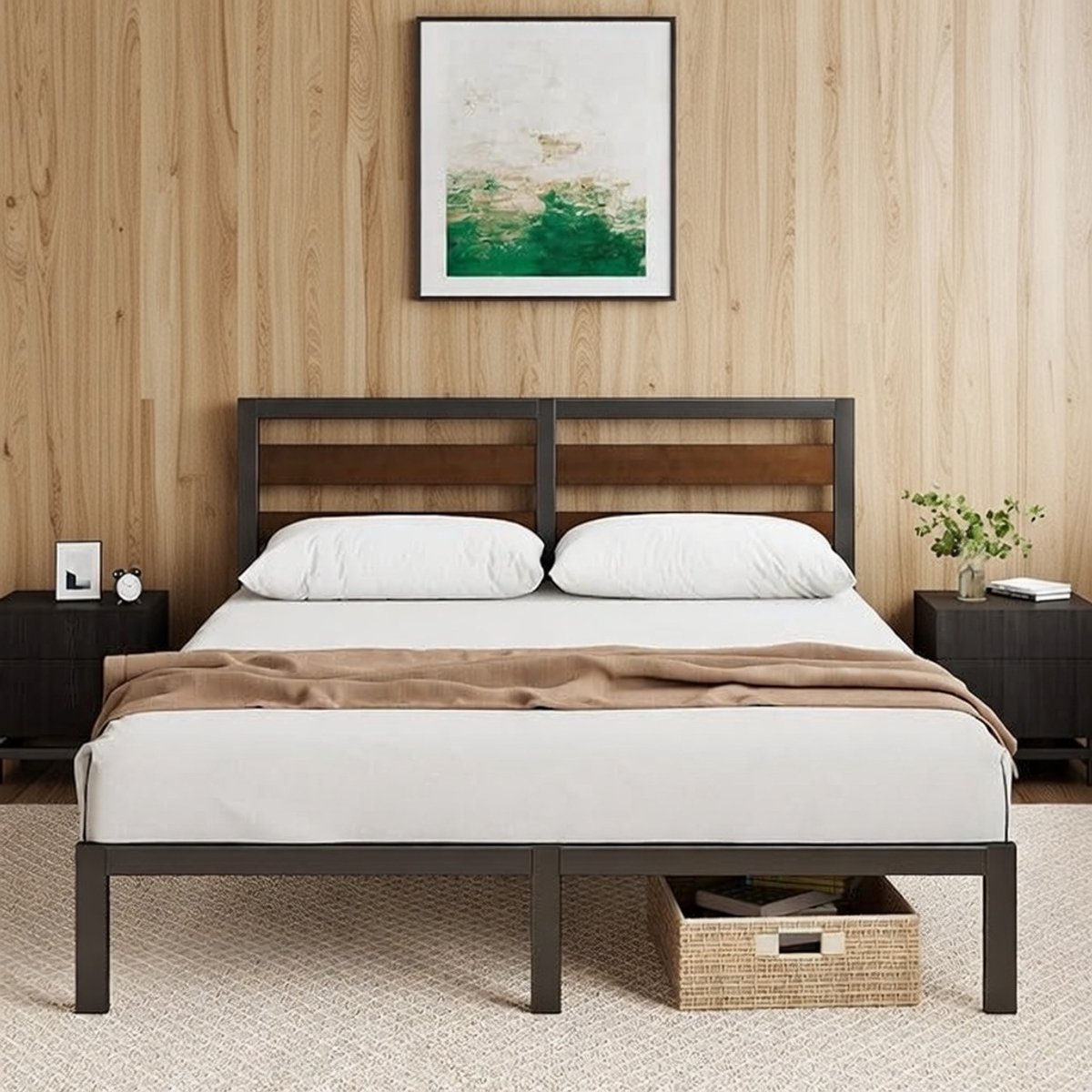 BambooSteel Luxe Bedframe 140x200 cm met Bamboe Hoofdbord - Zwart Metaal - Inclusief lattenbodem - 80 cm Hoog Platformbed met Opbergruimte Casa Serena – Casa Dorada