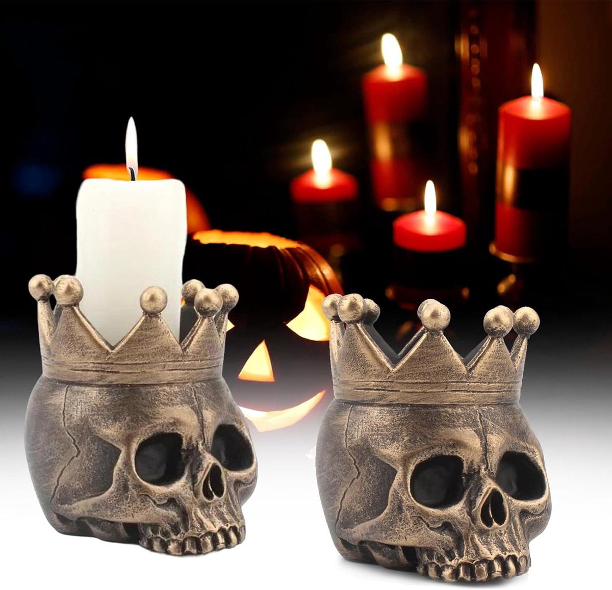 Kandelaars van kunsthars voor Halloween decoratie - Set van 2 stuks in bronskleur - Doodshoofd design voor thuis of op kantoor - Vintage uitstraling